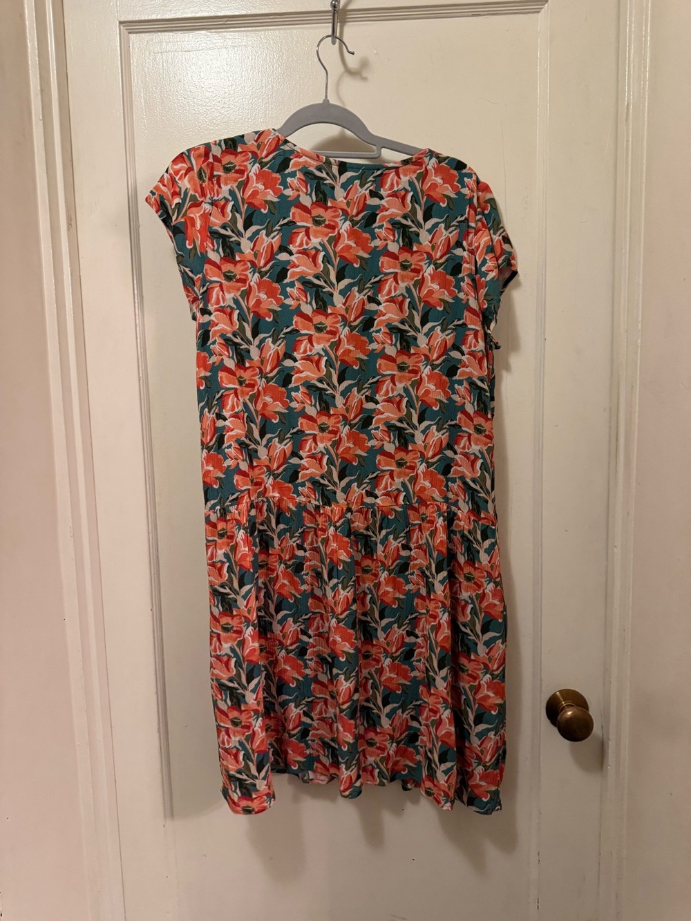 Garnet Hill Teal Midi Dress with Coral Floral Print